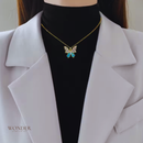 Conjunto Clara, aço inoxidável, azul cristal oco borboleta,  colar e brinco.