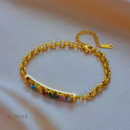 Pulseira Marta, aço inoxidável, dourado, quadrado colorido zircon.