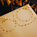 Conjunto Helena, aço inoxidável, dourado, colorido, colar, pulseira e tornozeleira.