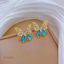 Conjunto Clara, aço inoxidável, azul cristal oco borboleta,  colar e brinco.
