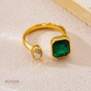 Anel Sara, aço inoxidável, verde quadrado zircão aberto.