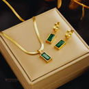 Conjunto Esmeralda, aço inoxidável, quadrado verde cristal zircão, colar e brinco.