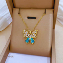 Conjunto Clara, aço inoxidável, azul cristal oco borboleta,  colar e brinco.