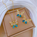 Conjunto Clara, aço inoxidável, azul cristal oco borboleta,  colar e brinco.